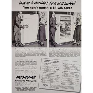 1950 Frigidaire Man in Suit Showing off Fridge to Wife Both Smiling Vtg Print Ad